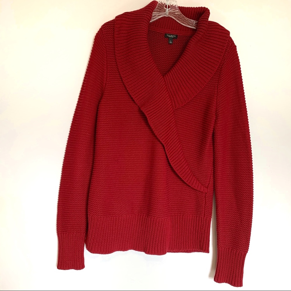 Talbots Red Knit Sweater W/ V Neck Cross Collar L